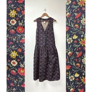 Vintage 90s Indian Summer Sleeveless Ditsy Floral Prairie Midi Dress Navy S